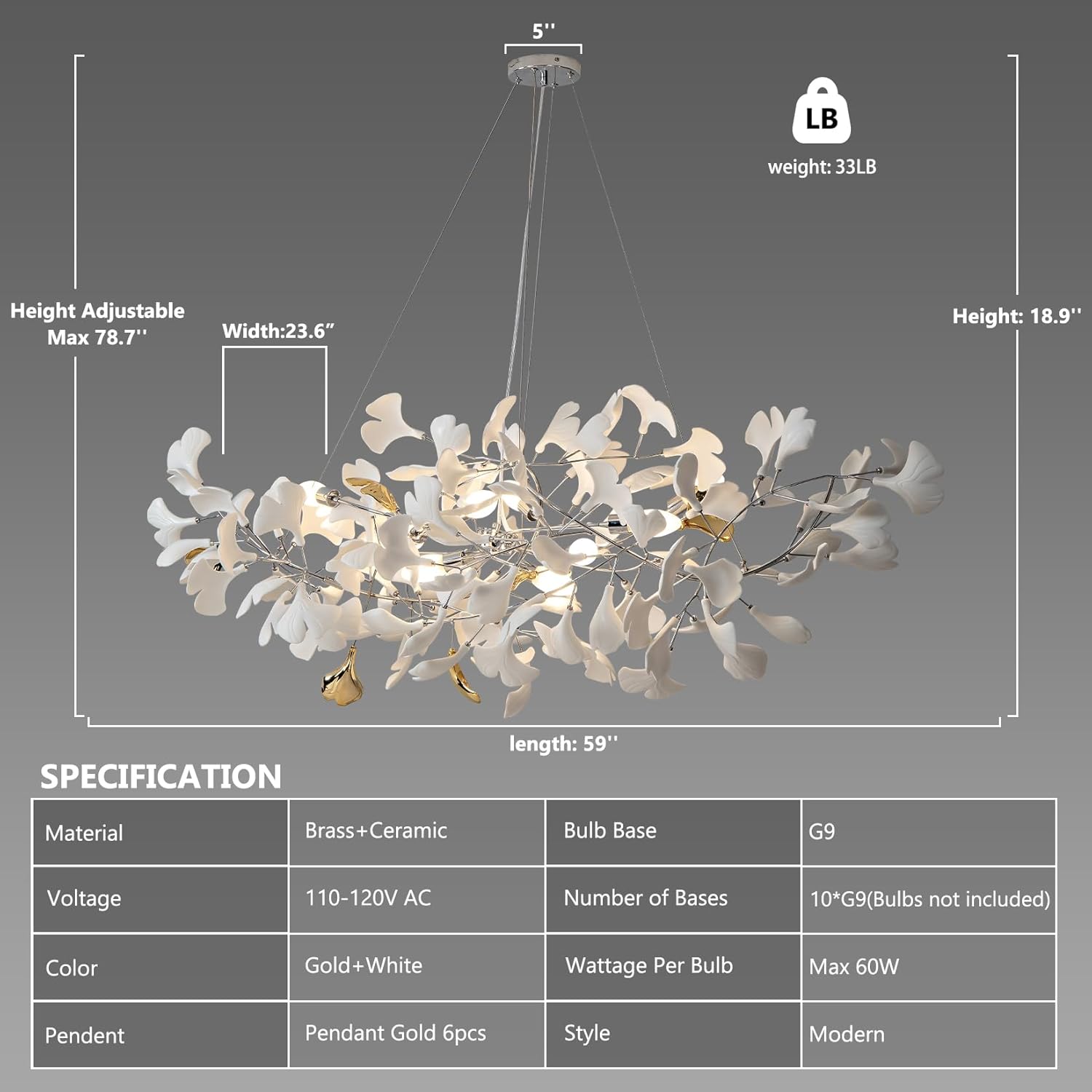 Silver Ginkgo Leaf Branch Chandelier – 59" Modern Brass Light