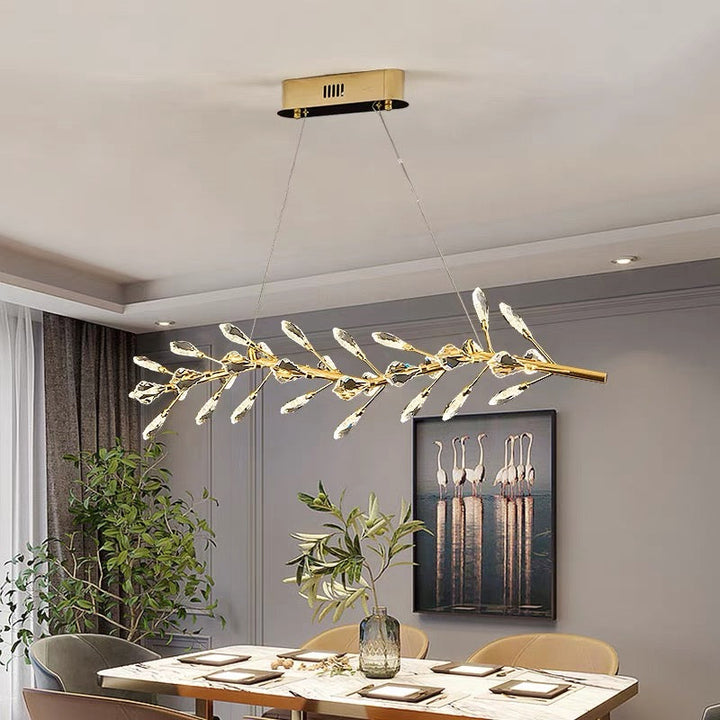 Sleek Modern Branch Crystal Leaves Linear Chandelier for Kitchen Island and Dining Room-Chandeliers-Arialamps