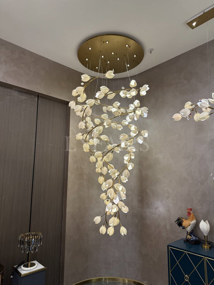 Spiral Pure White Magnolia Chandelier with Golden Branches for Staircase/High-ceiling Space/Foyer/ Duplex-Chandeliers-Arialamps