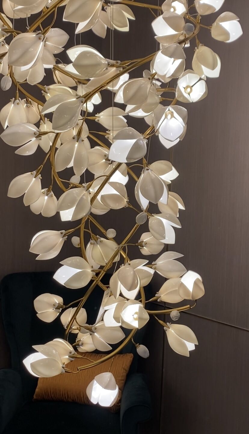Spiral Pure White Magnolia Chandelier with Golden Branches for Staircase/High-ceiling Space/Foyer/ Duplex-Chandeliers-Arialamps