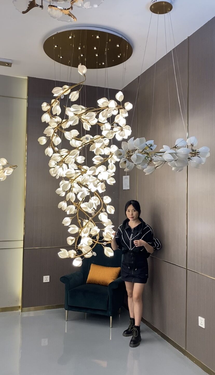 Spiral Pure White Magnolia Chandelier with Golden Branches for Staircase/High-ceiling Space/Foyer/ Duplex-Chandeliers-Arialamps