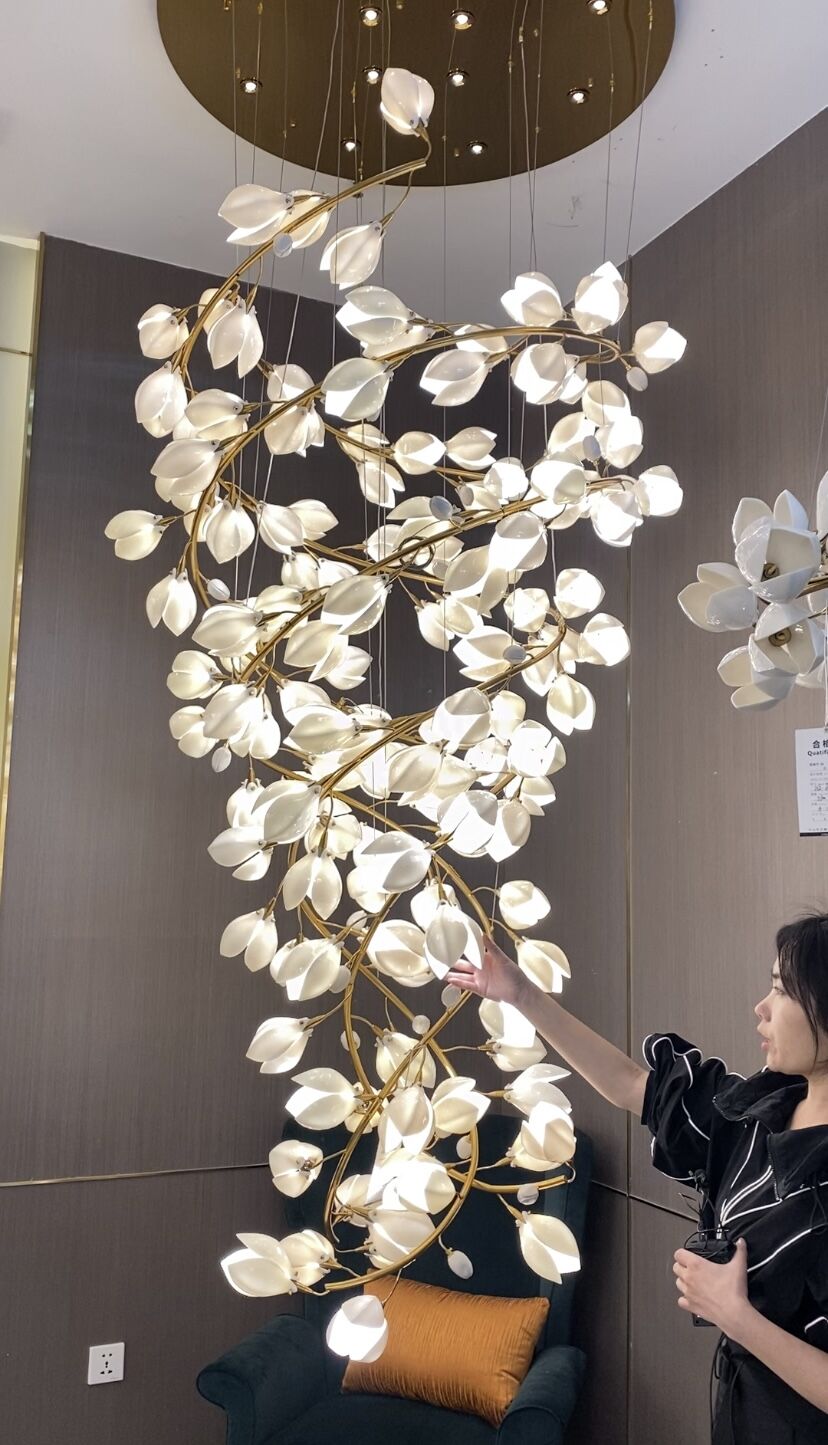 Spiral Pure White Magnolia Chandelier with Golden Branches for Staircase/High-ceiling Space/Foyer/ Duplex-Chandeliers-Arialamps