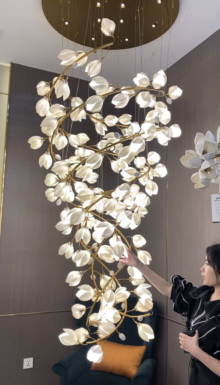 Spiral Pure White Magnolia Chandelier with Golden Branches for Staircase/High-ceiling Space/Foyer/ Duplex-Chandeliers-Arialamps