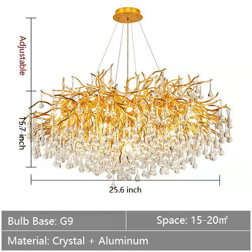 Stunning Tree Branch Crystal Chandelier with Clear Teardrop-shaped for Living/Dining Room-Chandeliers-Round D25.6”*H15.8”/8 Lights-Gold-White Light-Arialamps