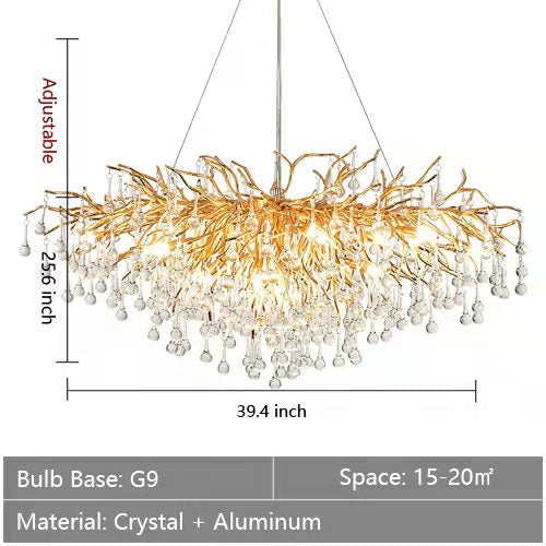 Stunning Tree Branch Crystal Chandelier with Clear Teardrop-shaped for Living/Dining Room-Chandeliers-Rectangle L39.4”*W25.6”*H25.6”/10 Lights/27kg-Gold-Warm Light-Arialamps