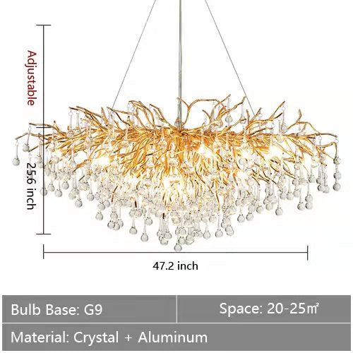 Stunning Tree Branch Crystal Chandelier with Clear Teardrop-shaped for Living/Dining Room-Chandeliers-Rectangle L47.2”*W25.6”*H25.6”/13 Lights-Gold-Warm Light-Arialamps