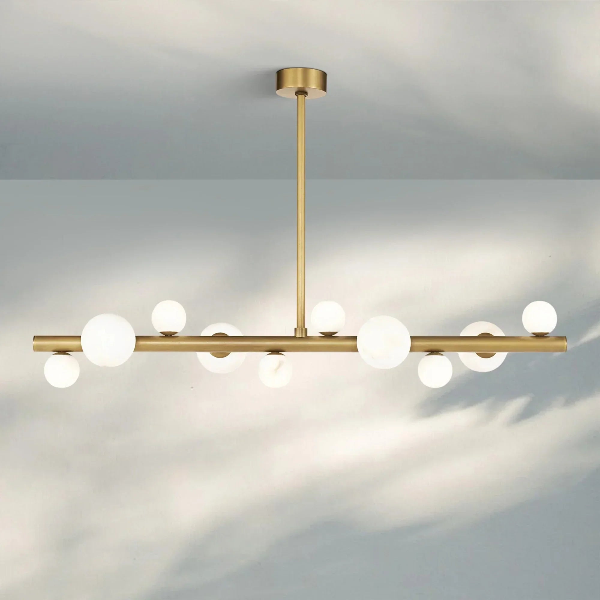 Stylox Linear Alabaster Ball Chandelier-chandeliers for dining room,chandeliers for stairways,chandeliers for foyer,chandeliers for bedrooms,chandeliers for kitchen,chandeliers for living room-Lacquered Burnished Brass-Arialamps