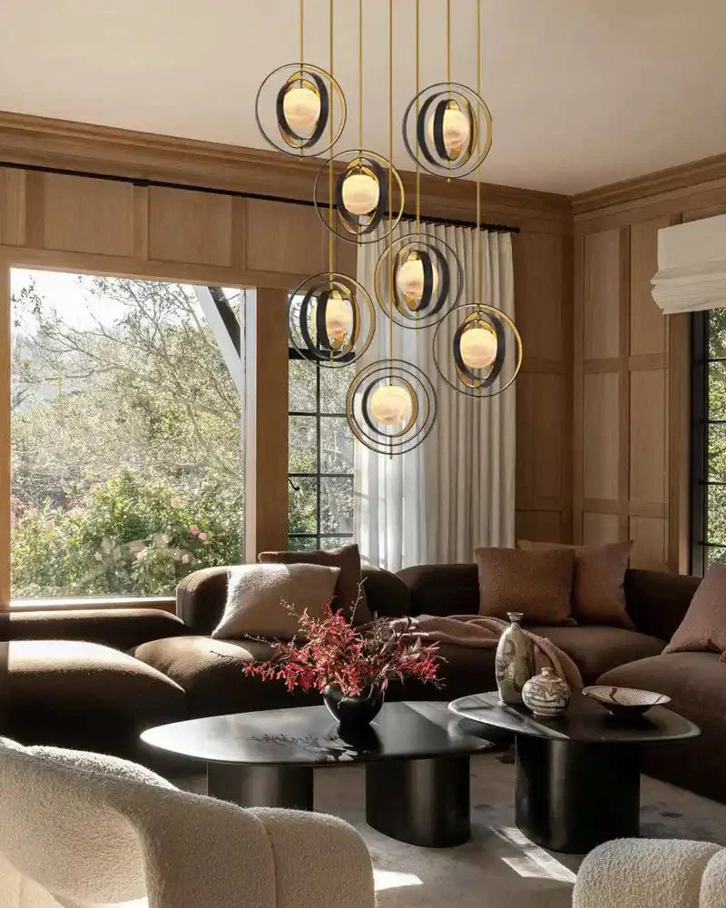 White Alabaster Round Ceiling Pendant Lamp - Gold & Bronze Rotatable Ring - Arialamps