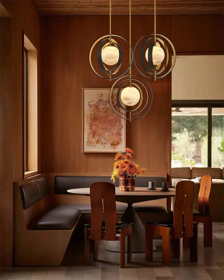 White Alabaster Round Ceiling Pendant Lamp - Gold & Bronze Rotatable Ring - Arialamps