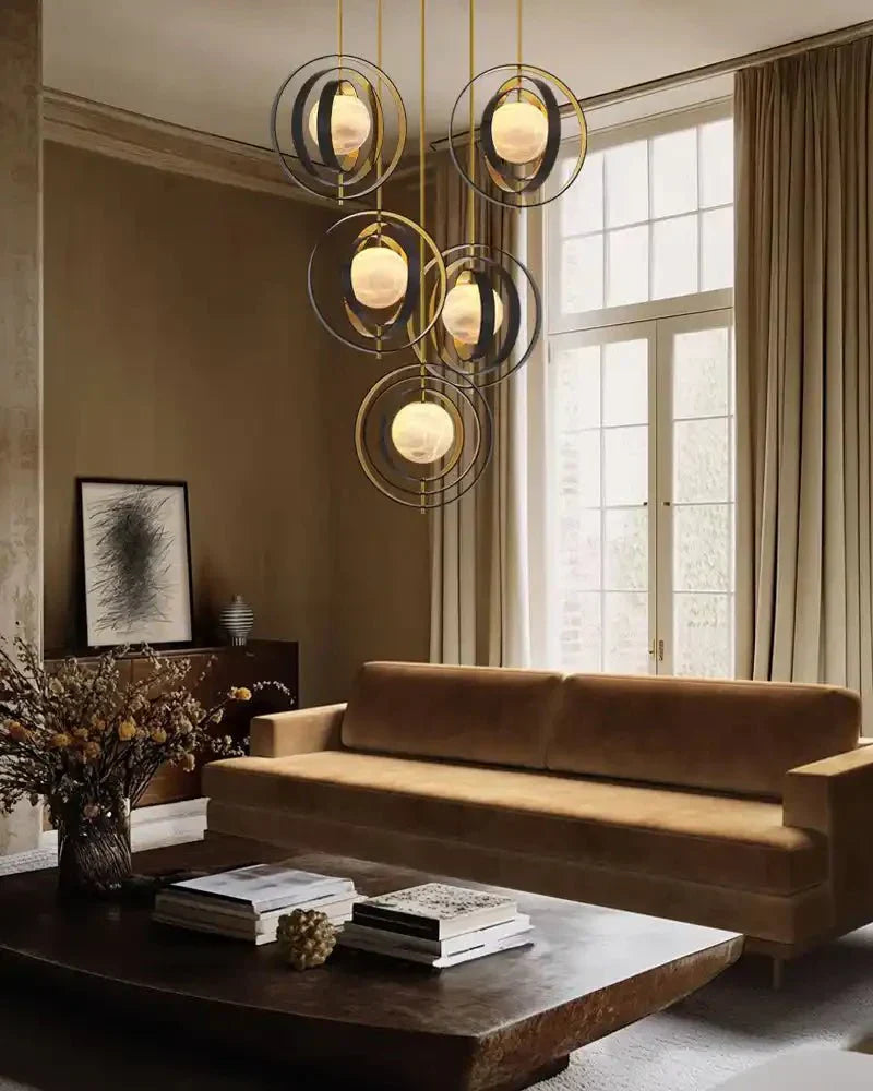 White Alabaster Round Ceiling Pendant Lamp - Gold & Bronze Rotatable Ring - Arialamps