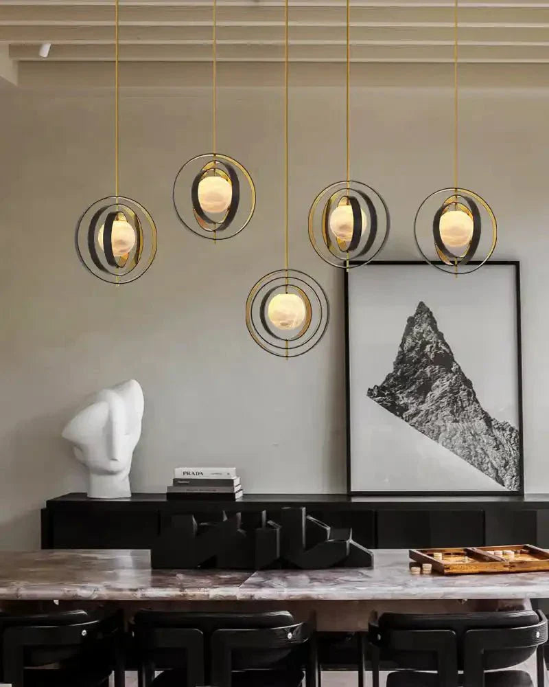 White Alabaster Round Ceiling Pendant Lamp - Gold & Bronze Rotatable Ring - Arialamps
