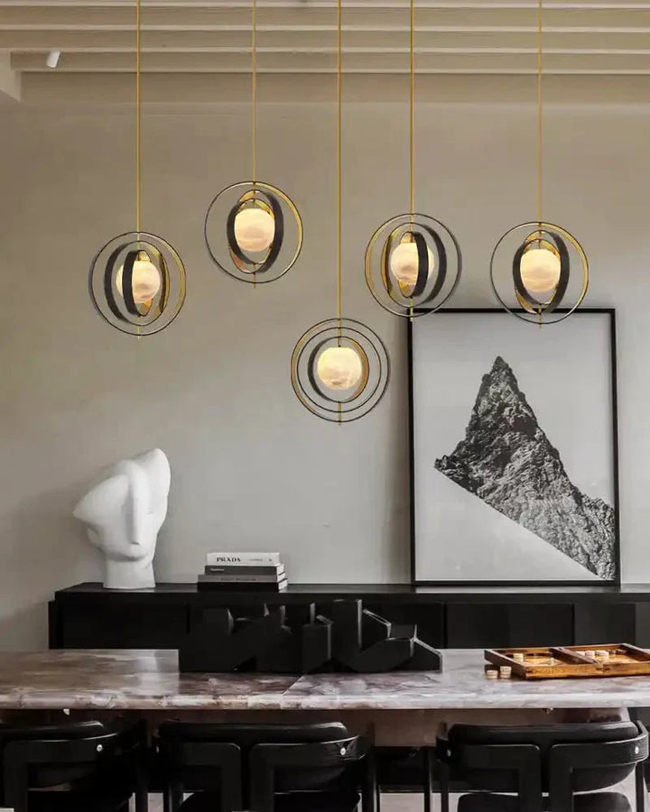 White Alabaster Round Ceiling Pendant Lamp - Gold & Bronze Rotatable Ring - Arialamps