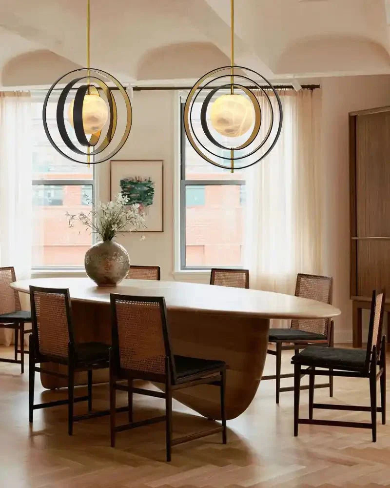 White Alabaster Round Ceiling Pendant Lamp - Gold & Bronze Rotatable Ring - Arialamps
