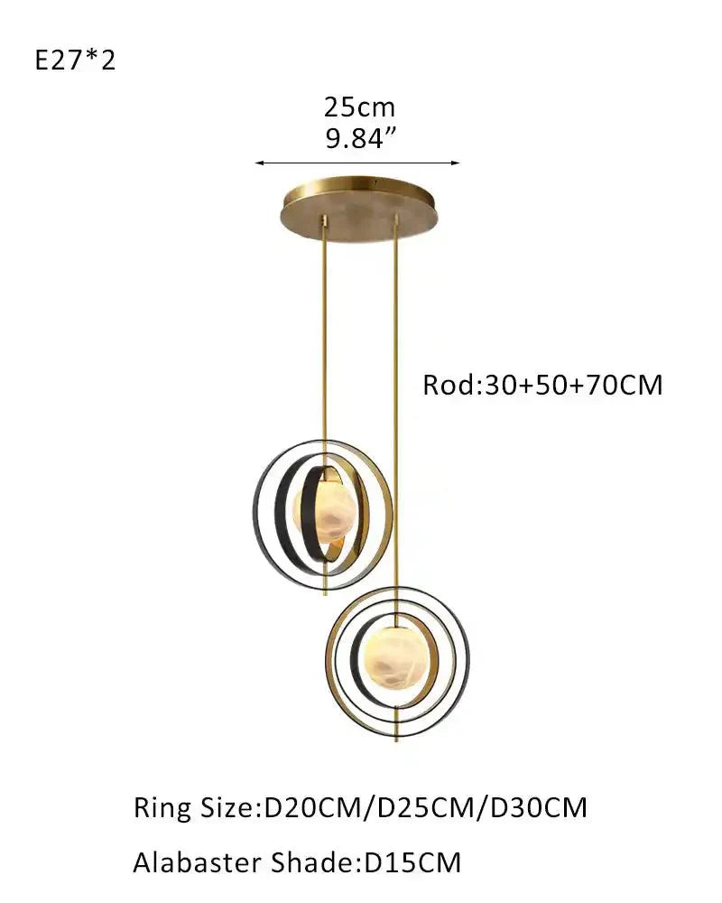 White Alabaster Round Ceiling Pendant Lamp - Gold & Bronze Rotatable Ring - Arialamps
