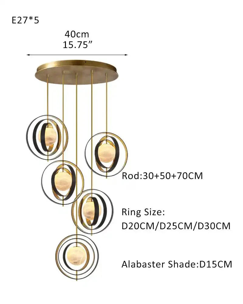 White Alabaster Round Ceiling Pendant Lamp - Gold & Bronze Rotatable Ring - Arialamps