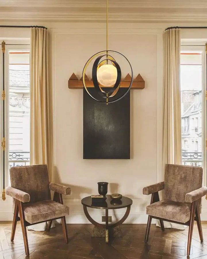 White Alabaster Round Ceiling Pendant Lamp - Gold & Bronze Rotatable Ring - Arialamps